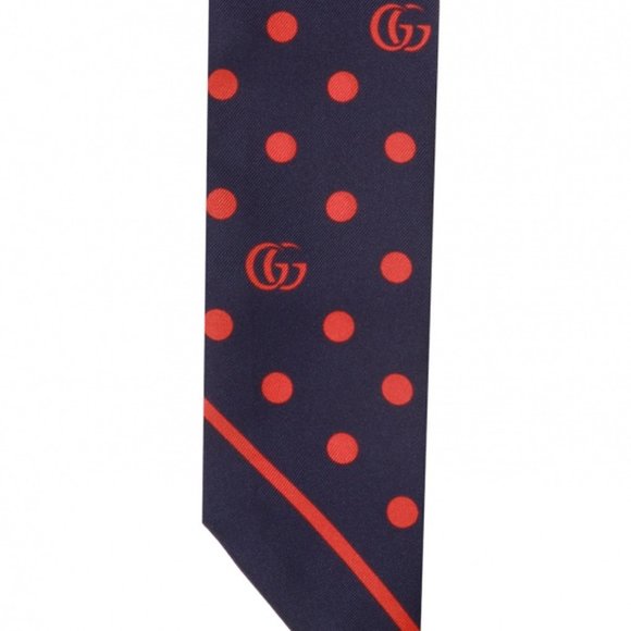 Gucci Navy Neck Bow with Red Polka Dots and Interlocking GG Twilly Scarf New - Picture 2 of 4